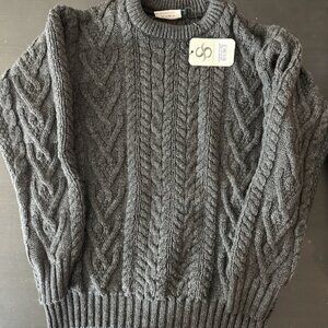 Men's 100% Merino Wool Aran Sweater in Charcoal Black, Size Medium
